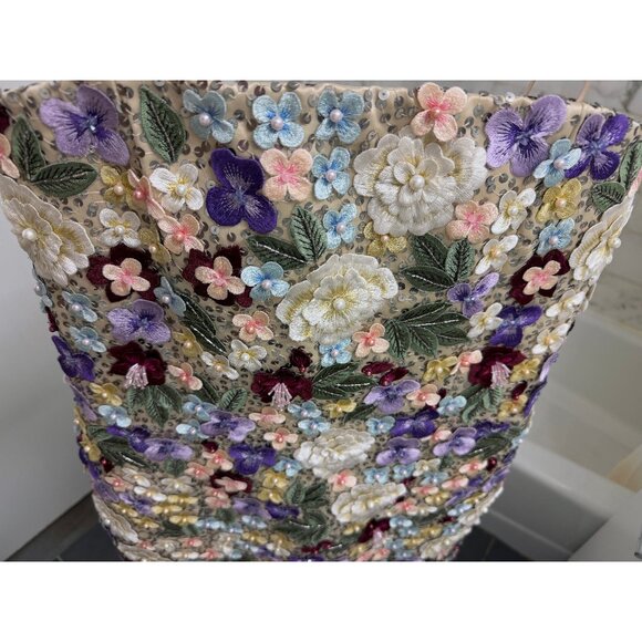 Alice + Olivia Velia Embellished Mini Gown Dress Floral Embroidered Champagne 12 - Picture 6 of 16